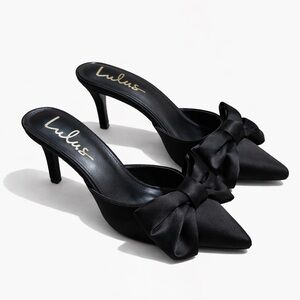 Lulu's Elegant Black Satin Heels with Bows